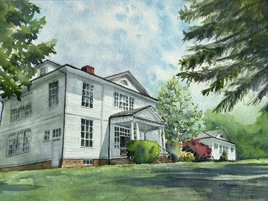 Image of painting of the Waterford Old School. Perspective is from walking up the hill.